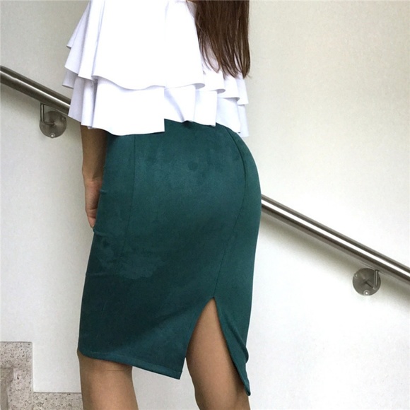 Womens Suede Pencil Midi Skirt in Peacock Green - Picture 3 of 6